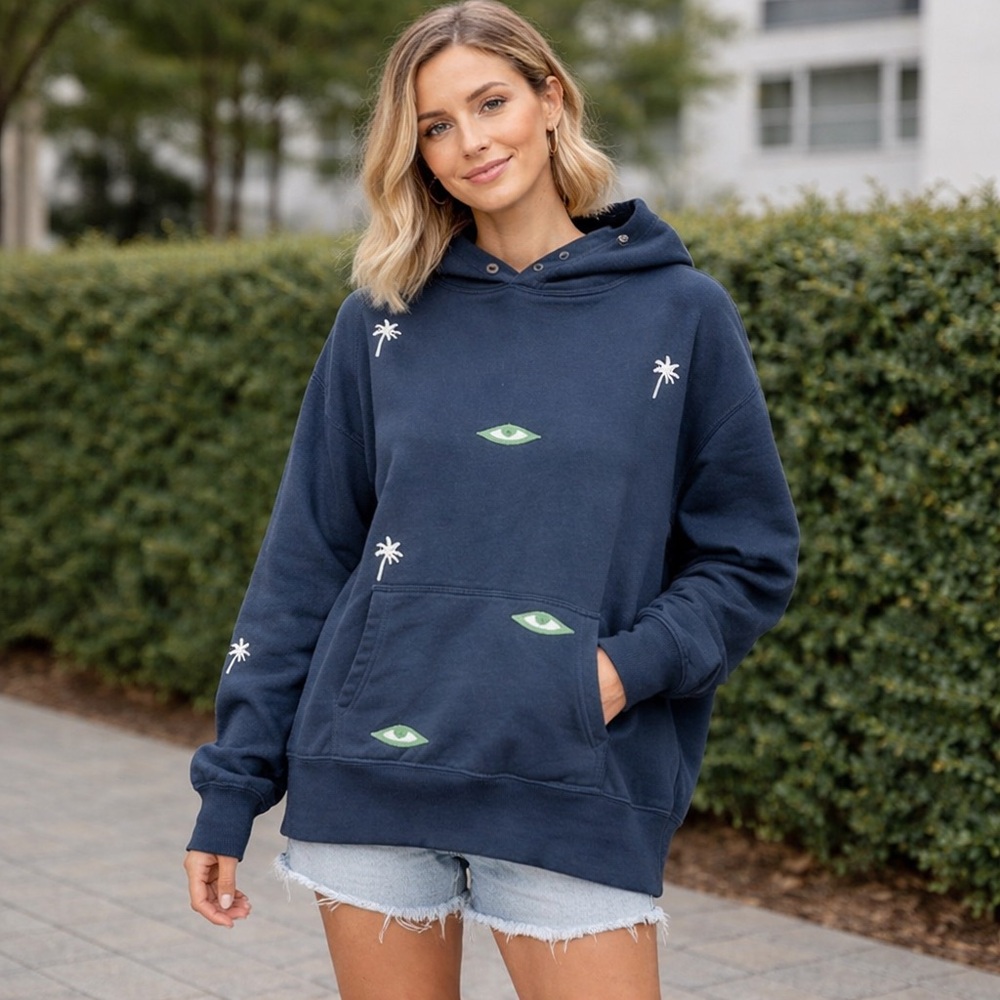 Sandrine Rose x Free People Navy Blue Embroidered Hoodie Size XS New Eye Palm